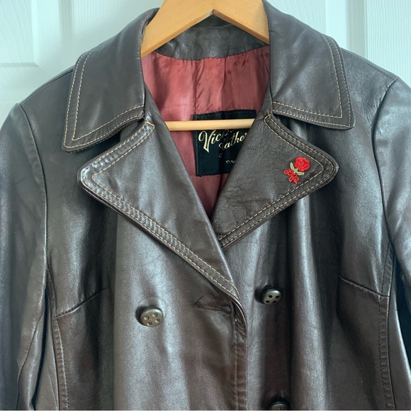 Vintage Chocolate Brown Leather Jacket with Red Rose - Picture 14 of 16